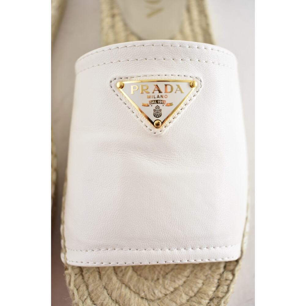 Prada Gold Triangle Logo Avorio White Leather Espadrille Slide Sandal Flat 37 - Picture 12 of 16
